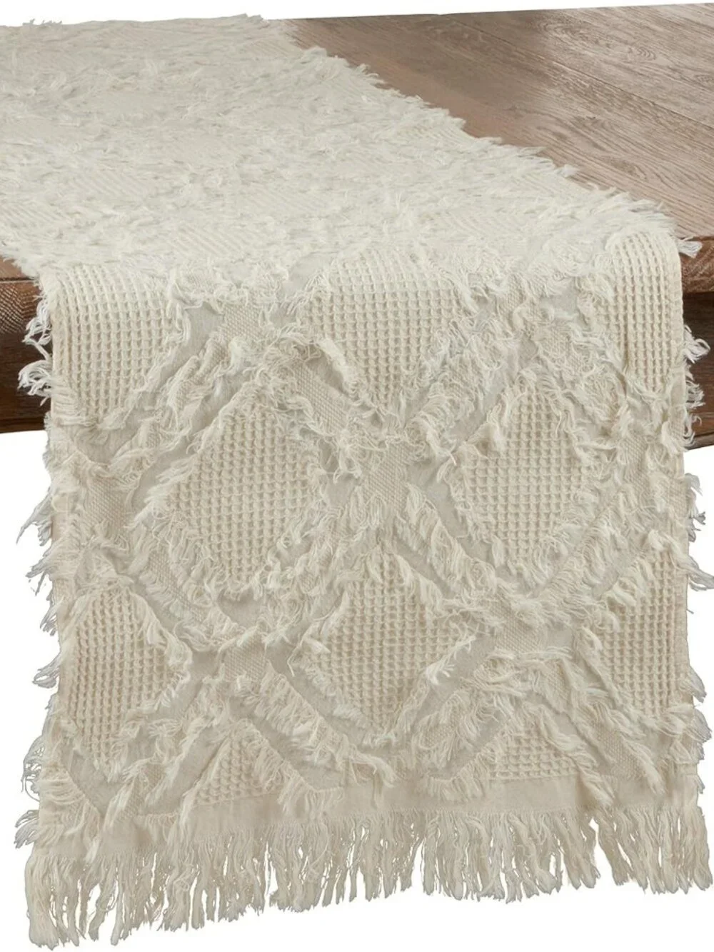 SARO 16 X 72 in. Oblong Waffle Weave Table Runner with Ivory Fringe